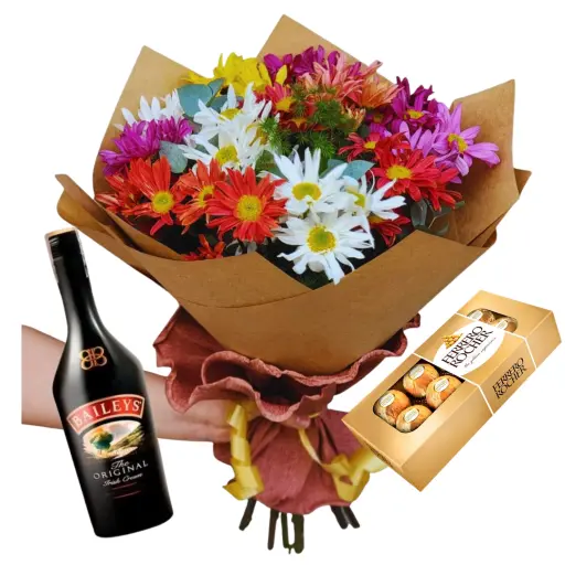 Ramo de flores margaritas con chocolate y baileys 